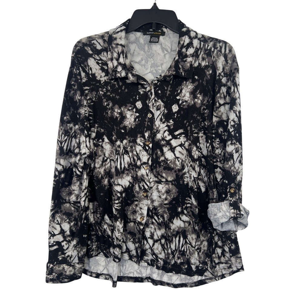 Robert Louis Soft Knit Tie Dye Button Down Shirt Womens XL Black White Roll Tab